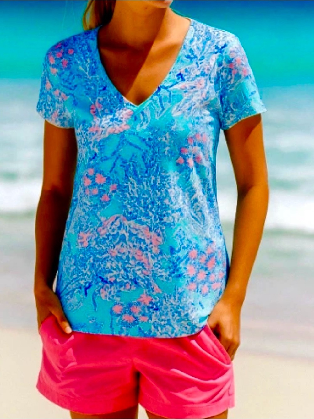 Lilly Pulitzer Blue V-Neck Short Sleeve Tee with Pink Floral Print